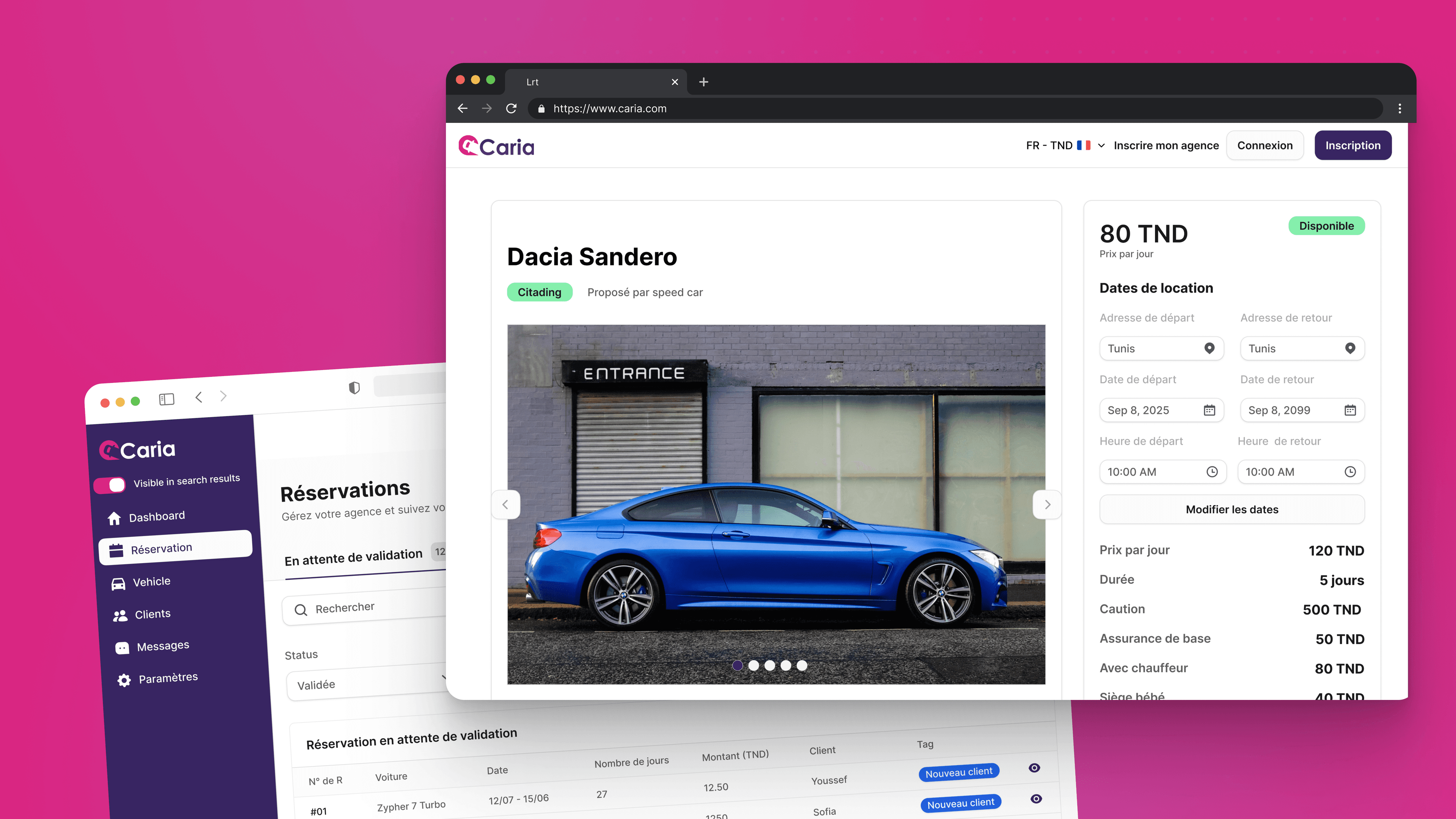 Caria car rental web application grid