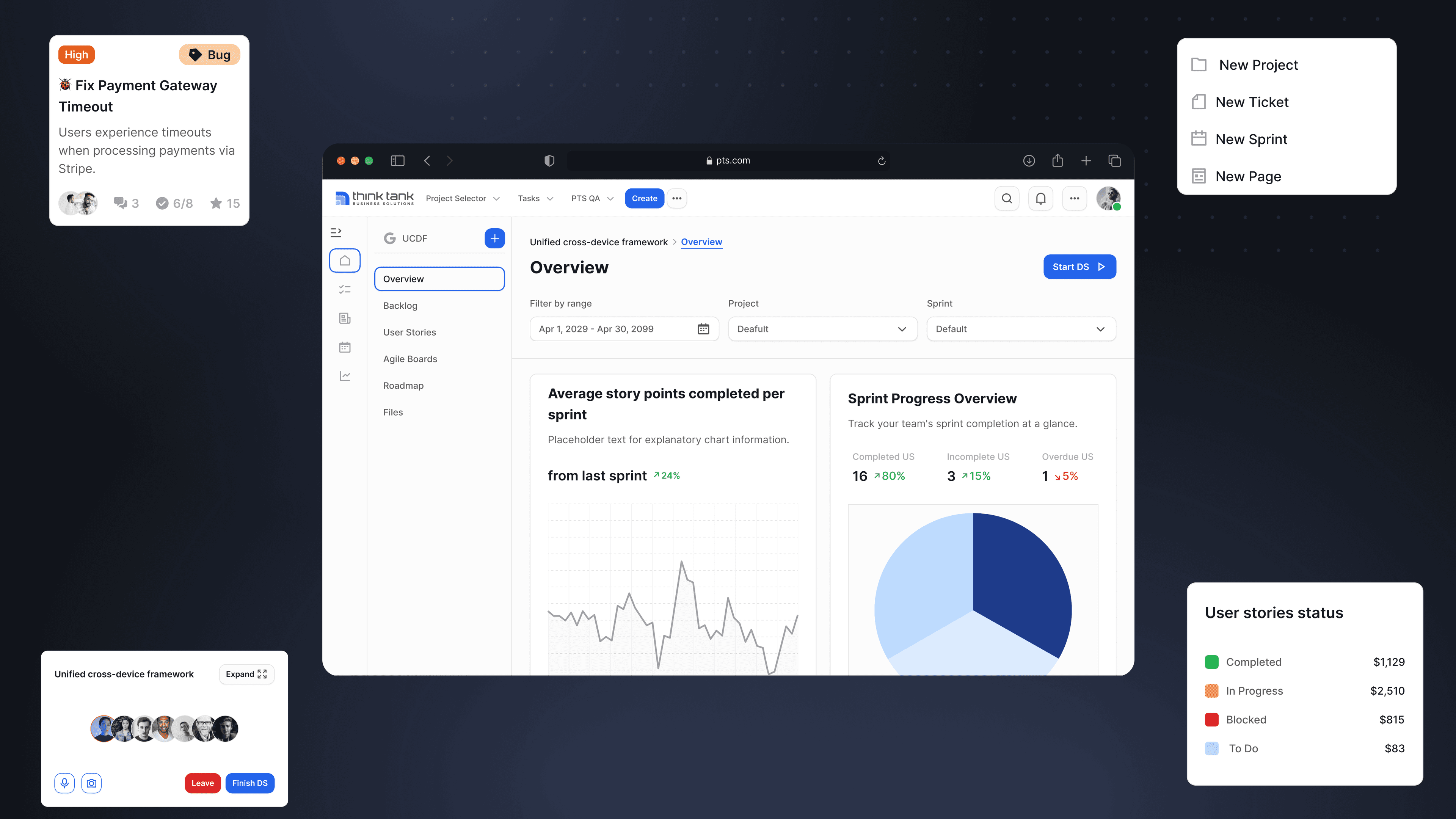 PTS project management dashboard UI