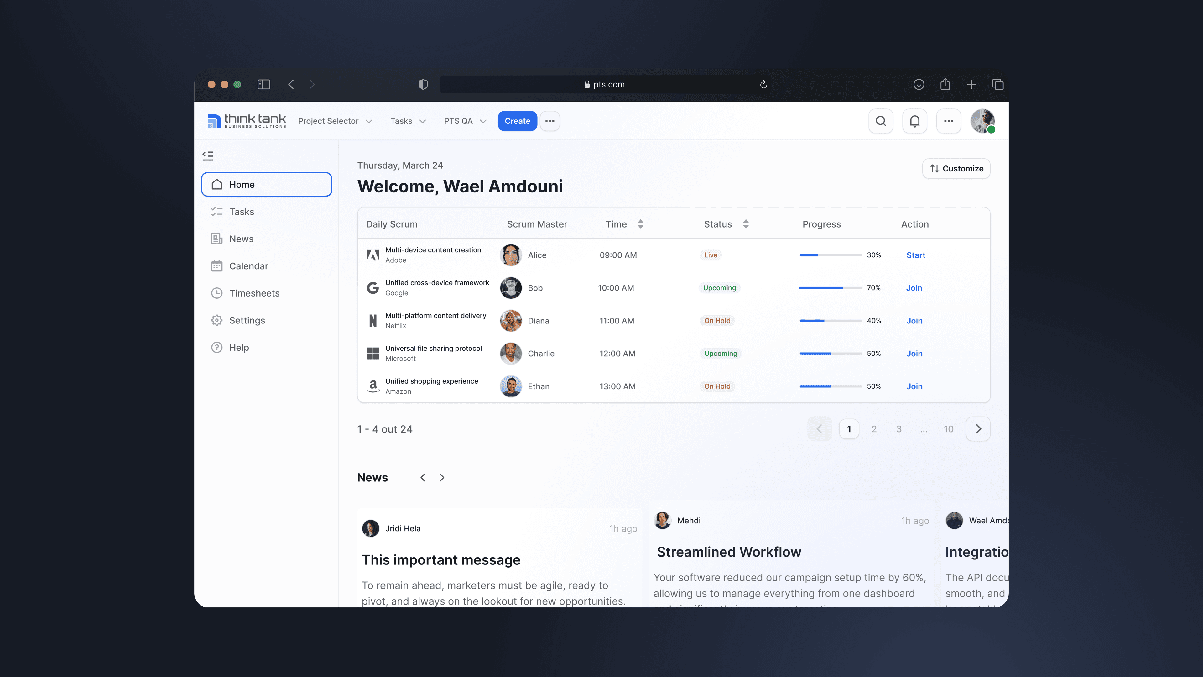 PTS main dashboard mockup